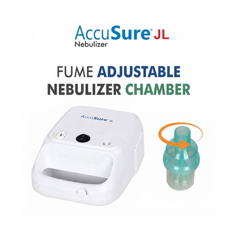 AccuSure JL Nebulizer Portable Machine paired with a fume adjustable nebulizer chamber.