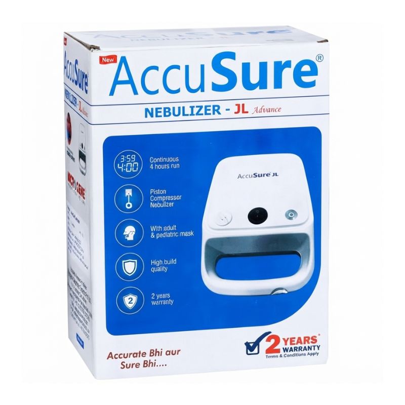 AccuSure JL Nebulizer Portable Machine packaging box showing features, specifications, and 2 years warranty.