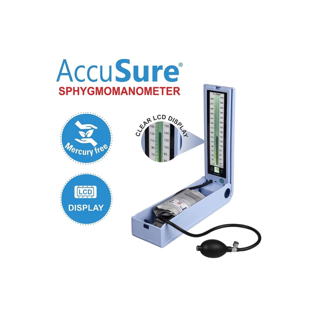 Close-up callout of the AccuSure mercury-free sphygmomanometer highlighting its clear digital LCD display column for precise BP readings.