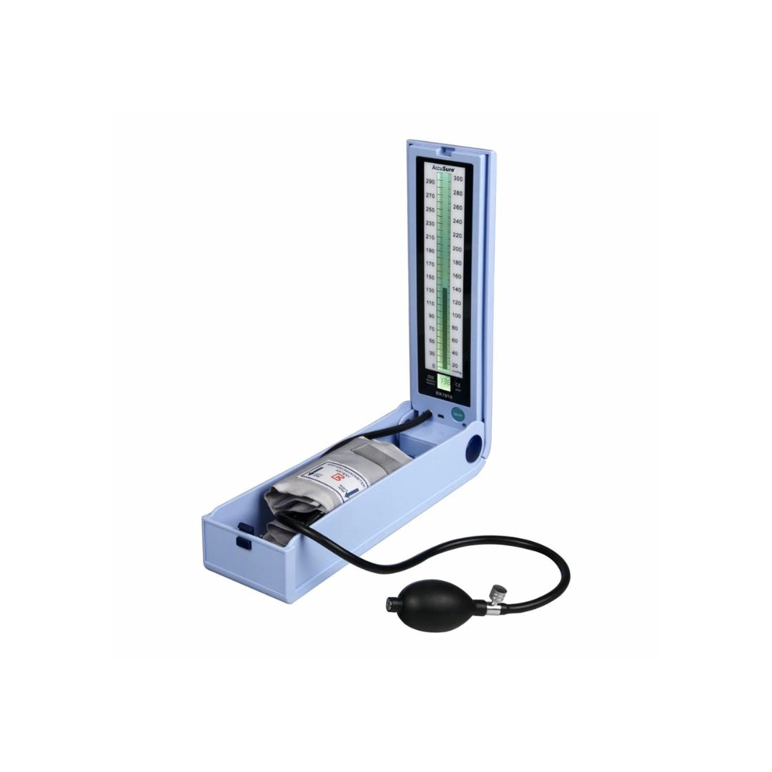 AccuSure mercury-free blood pressure apparatus resting in its open protective blue casing with the cuff and inflation bulb neatly stored.