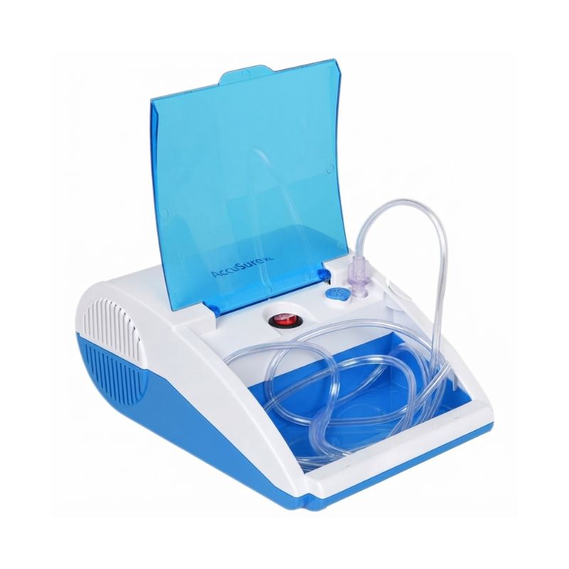 AccuSure XL  nebulizer compressor machine only – compact and powerful switch, air filter cover, heat dissipation area, and tube connector for reliable and efficient respiratory therapy at home.

