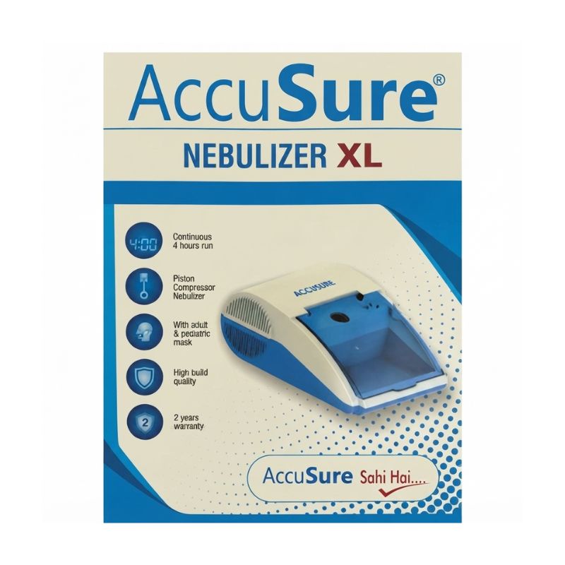 AccuSure XL nebulizer compressor  – continuous 4 hours run, adult and pediatric mask, high build quality, 2-year warranty, and AccuSure Sahi Hai tagline for trusted respiratory care.