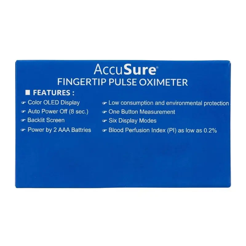 Features list panel on the packaging of the AccuSure Pulse Oximeter detailing color OLED display, six display modes, and auto power off.