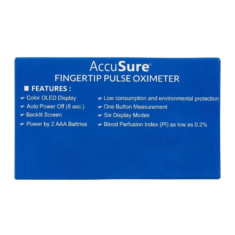 AccuSure pulse oximeter key features – color OLED display, low consumption, auto power off in 8 seconds, one-button measurement, backlit screen, six display modes, powered by 2 AAA batteries, and blood perfusion index (PI) as low as 0.2% for accurate oxygen monitoring.