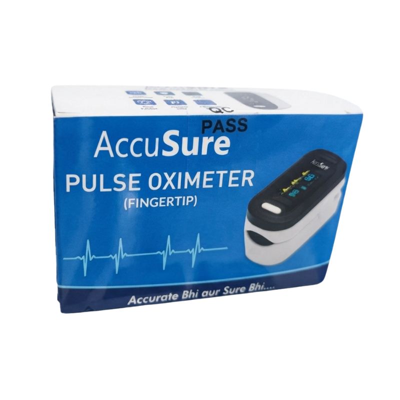 AccuSure pulse oximeter fingertip device displaying PASS indicator – Accurate Bhi aur Sure Bhi tagline, a reliable and compact device for measuring blood oxygen saturation (SpO2) and pulse rate at home or clinical settings.