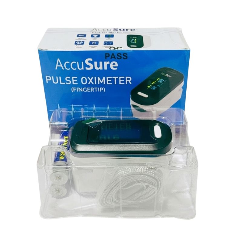 AccuSure pulse oximeter fingertip packaging front view – showing PASS indicator and Accurate Bhi aur Sure Bhi branding for trusted and accurate blood oxygen level and heart rate monitoring.