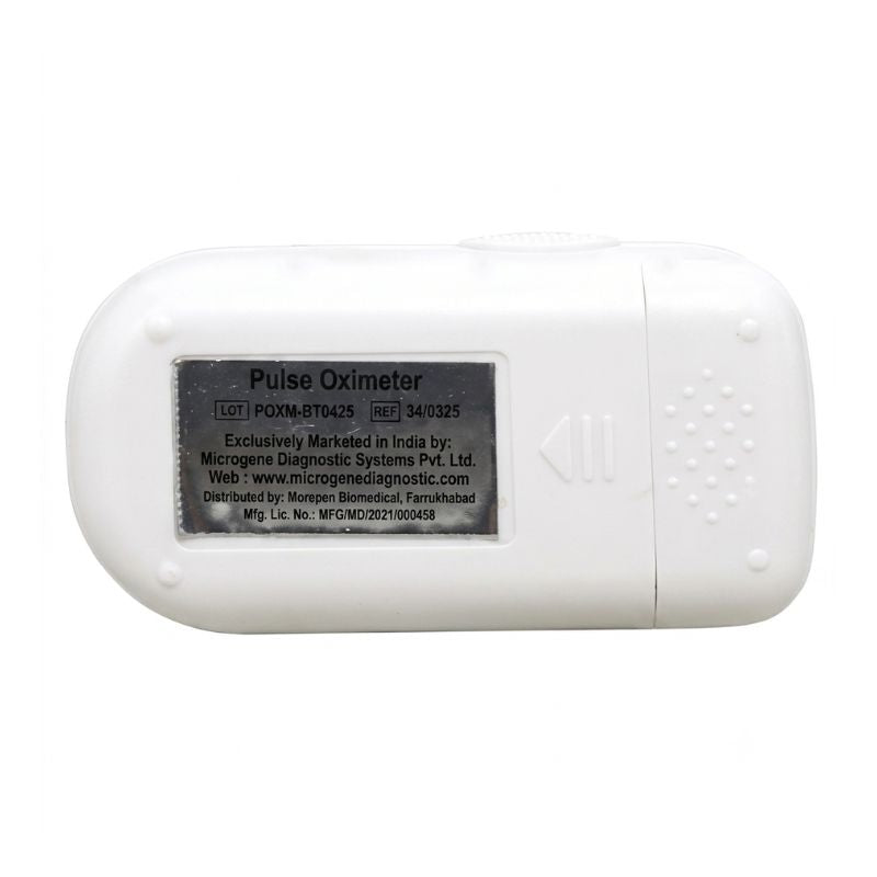 AccuSure pulse oximeter product label – LOT POXM-BT0425, REF 34/0325, exclusively marketed by Microgene Diagnostic Systems Pvt. Ltd., distributed by Morepen Biomedical, with manufacturing license number MFG/MD/2021/000458.