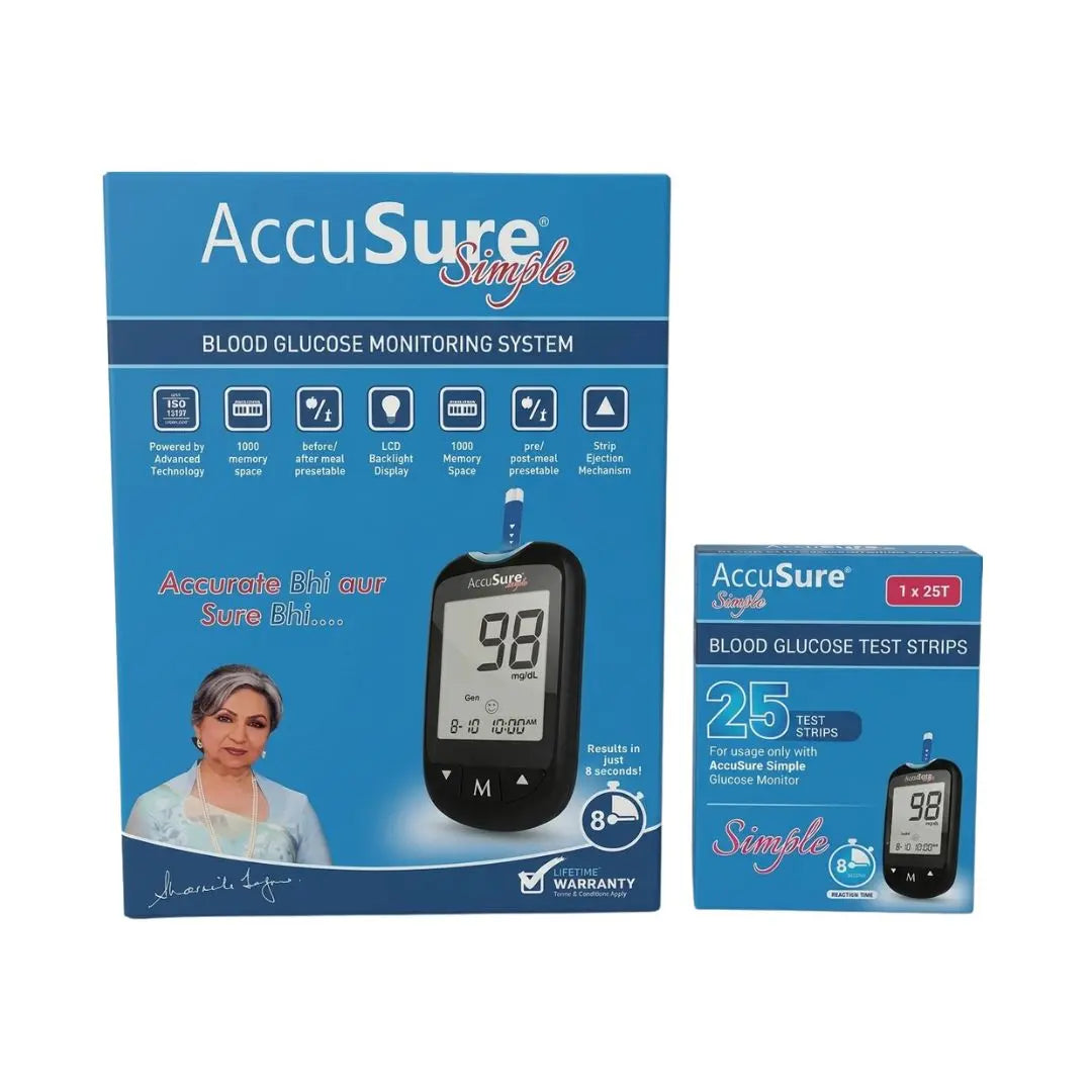 AccuSure Simple blood glucose monitoring system kit and 25 blood glucose meter with strips combo pack features a lifetime warranty, LCD backlight, and 1000 memory storage.