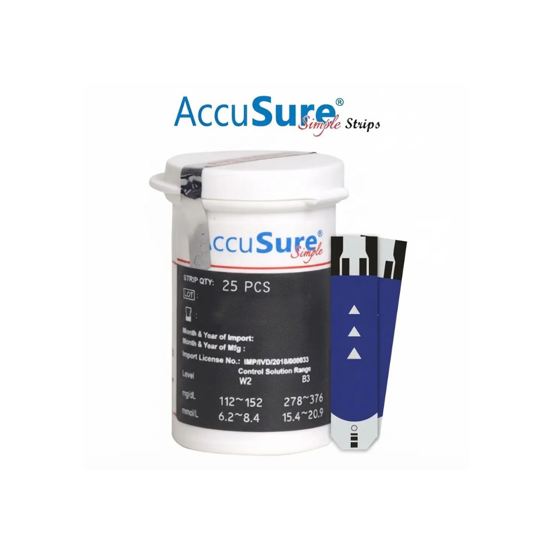 AccuSure Simple blood glucose test strips 25-pack displaying the branded outer box, airtight storage vial, and sample test strips.
