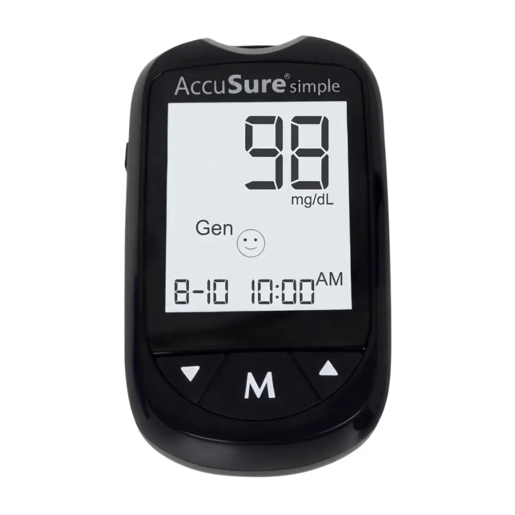 AccuSure simple glucometer close-up digital screen showing blood glucose reading with generation and time stamps for accurate daily sugar level tracking.