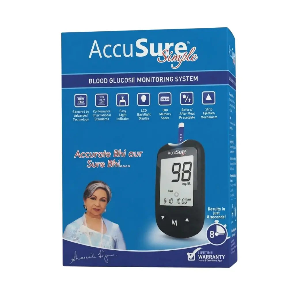 AccuSure simple glucometer displaying 98 mg/dL reading with LCD backlight, 500-memory storage, strip ejection mechanism, and before/after meal preset for comprehensive diabetes management.
