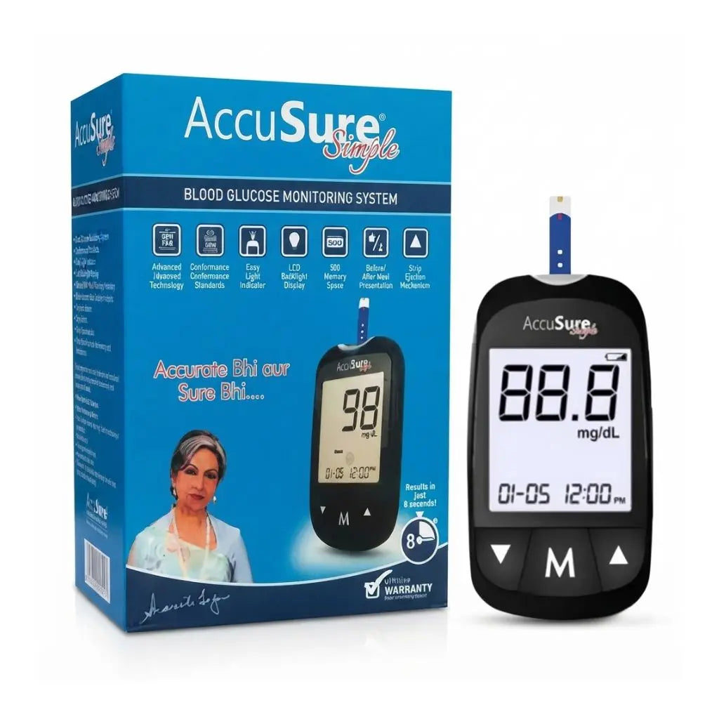 AccuSure simple blood glucose monitoring system packaging featuring advanced monitoring technology, LCD backlight, 500-memory, strip ejection, and made in Germany – a complete kit for reliable home glucometer testing.