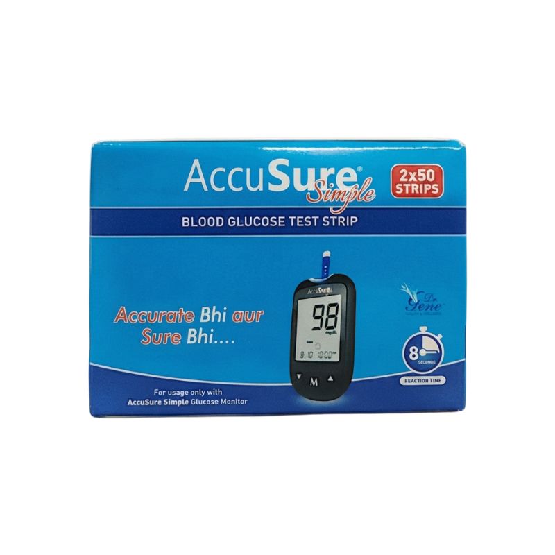 AccuSure Simple strips 100-2x50 box front – 100 total test strips (2 vials of 50), 8-second reaction time, compatible only with AccuSure Simple Glucose Monitor, featuring Accurate Bhi aur Sure Bhi tagline for reliable blood glucose testing.