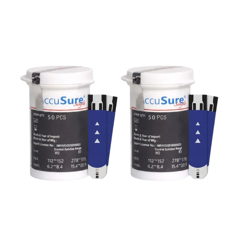 AccuSure Simple strips 100 (50 vial label) – control solution ranges 6.2-8.4 mmol/L and 15.4-20.9 mmol/L for quality assurance and accurate blood glucose monitoring.
