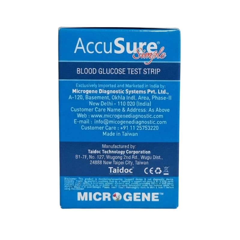 AccuSure Simple strips 100 import and manufacturing details – exclusively imported and marketed by Microgene Diagnostic Systems Pvt. Ltd., manufactured by Taidoc Technology Corporation in Taiwan, with complete customer care contact information for product support.