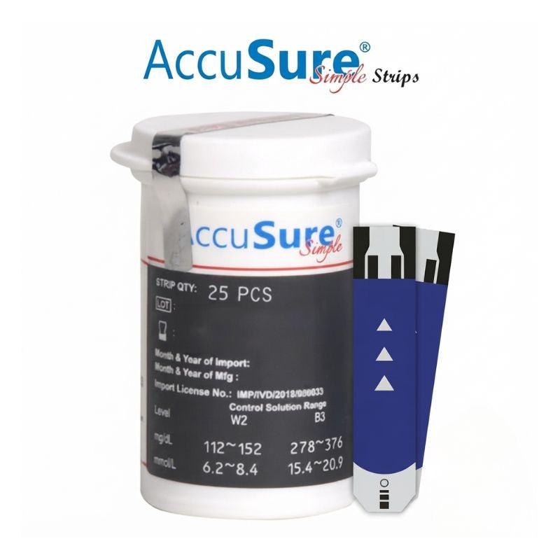 AccuSure Simple strips 25 vial label – strip quantity 25 PCS, import license IMP/IVD/2018/000033, control solution ranges W2 (112-152 mg/dL / 6.2-8.4 mmol/L) and B3 (278-376 mg/dL / 15.4-20.9 mmol/L) for quality assurance.