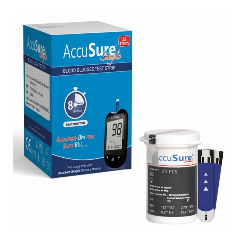 ccuSure Simple strips 25 vial – 8-second reaction time, compatible only with AccuSure Simple Glucose Monitor, control solution ranges 112-152 mg/dL (6.2-8.4 mmol/L) and 278-376 mg/dL (15.4-20.9 mmol/L) for accurate diabetes management.