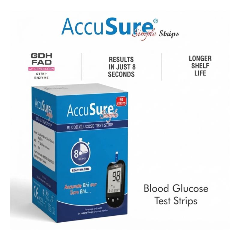 AccuSure Simple strips 50 box front – featuring GDH-FAD 4th generation strip enzyme, results in just 8 seconds, longer shelf life, and displaying 98 mg/dL reading with Accurate Bhi aur Sure Bhi tagline.