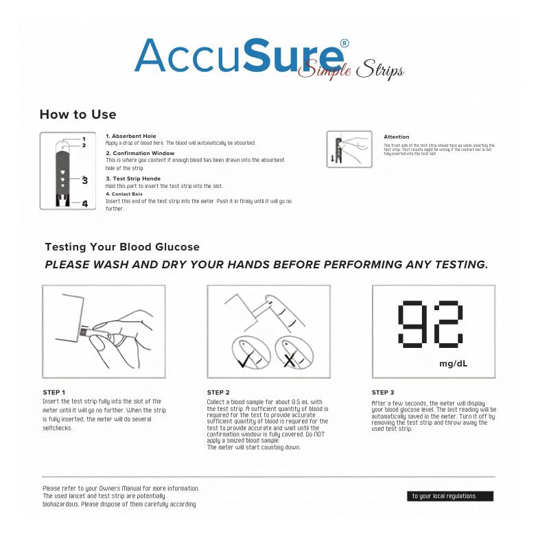 AccuSure Simple strips 50 step-by-step how to use guide – showing absorbent hole for blood application, confirmation window to verify blood volume, test strip handle, contact bars for meter insertion, and three-step blood glucose testing process.