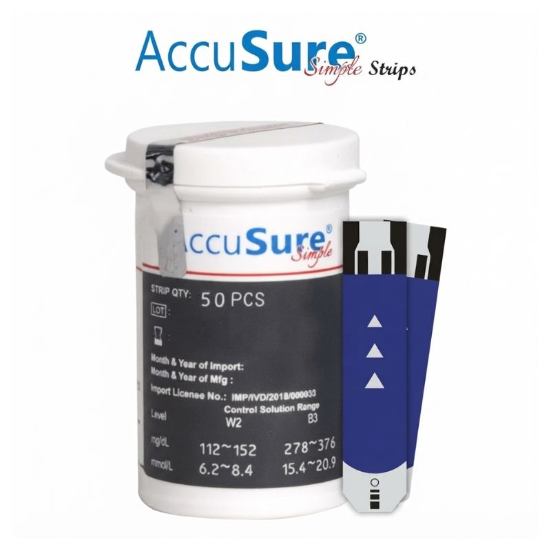 AccuSure Simple strips 50 – LOT number, strip quantity 50 PCS, control solution ranges for Level W2 (112-152 mg/dL / 6.2-8.4 mmol/L) and Level B3 (278-376 mg/dL / 15.4-20.9 mmol/L) for quality assurance.