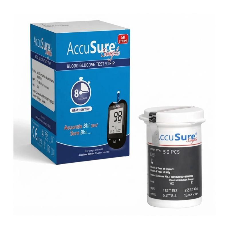 AccuSure Simple strips 50 vial label – 50 test strips with 8-second reaction time, control solution range W2 (112-152 mg/dL and 6.2-8.4 mmol/L), compatible only with AccuSure Simple Glucose Monitor.