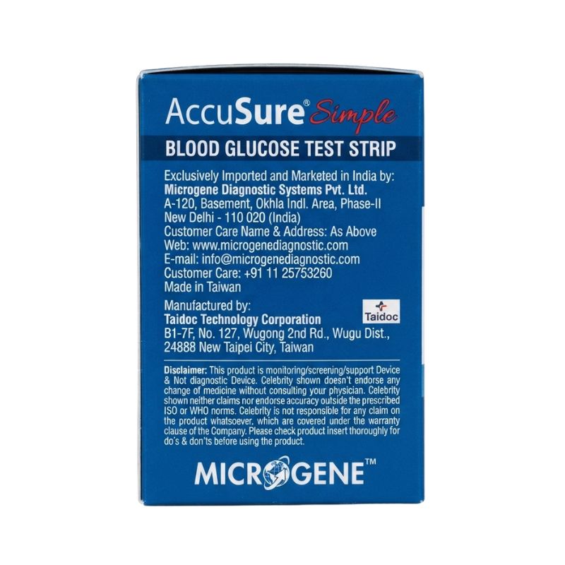 AccuSure Simple strips import and manufacturing details – exclusively imported by Microgene Diagnostic Systems Pvt. Ltd., manufactured by Taidoc Technology Corporation in Taiwan, with complete customer care contact information and product disclaimer for safe usage