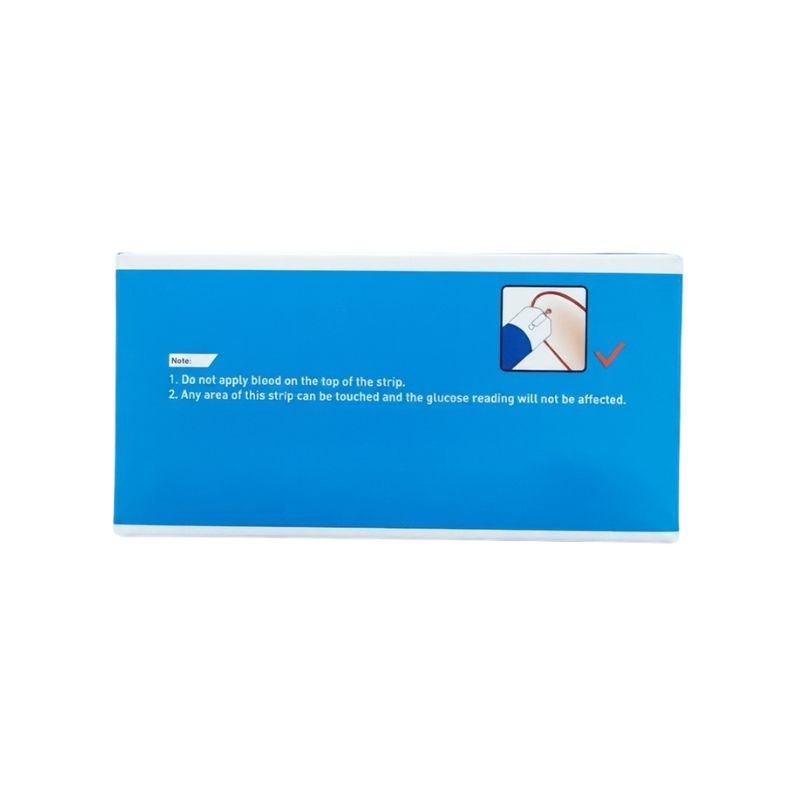 AccuSure Simple strips usage notes – do not apply blood on top of the strip, any area of the strip can be touched without affecting the glucose reading for convenient and error-free blood glucose testing.