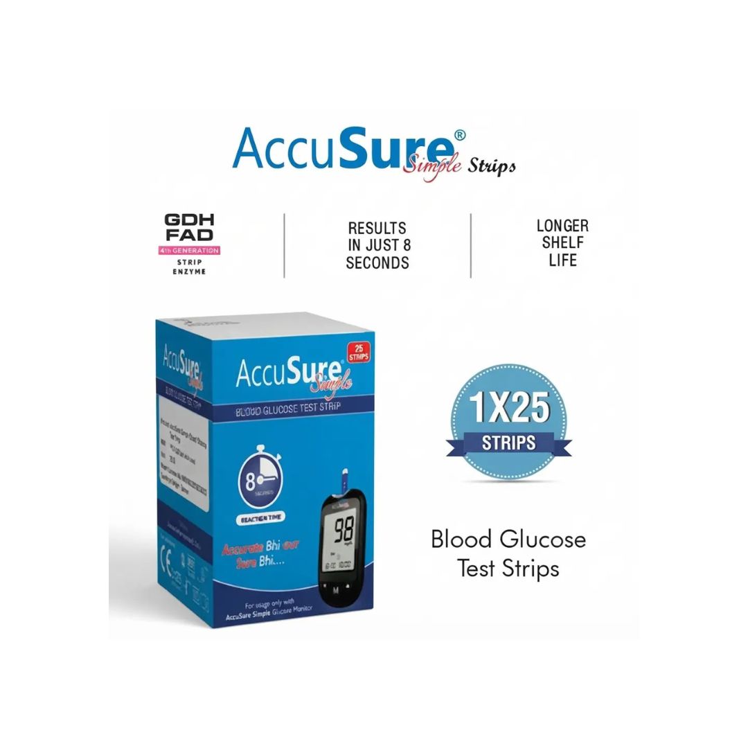 AccuSure Simple blood glucose test strips highlighting GDH FAD 4th generation enzyme technology, 8-second results, and longer shelf life. 1X25 Strips.