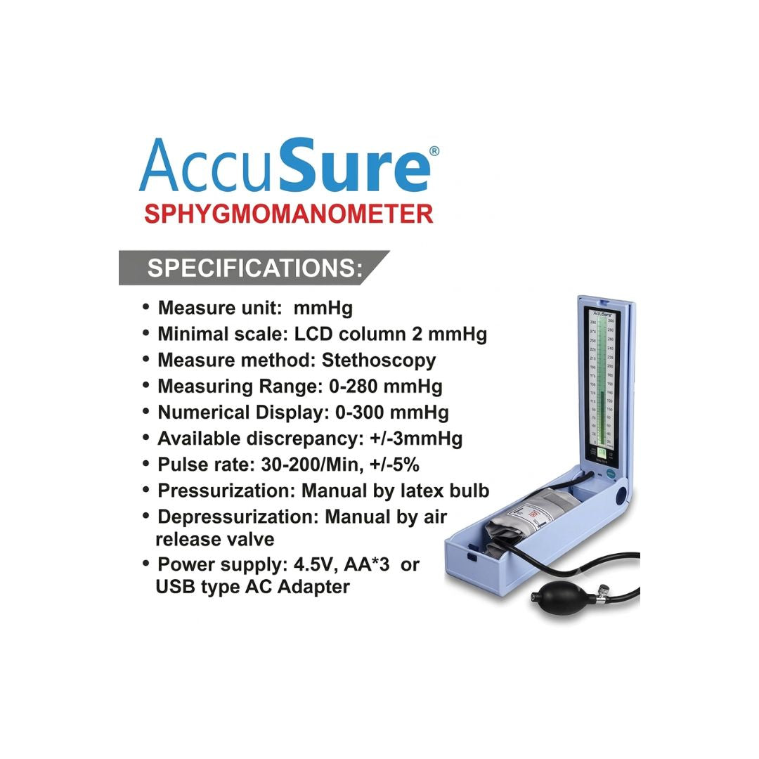 Technical specifications sheet for the AccuSure mercury-free sphygmomanometer detailing its 0-300 mmHg measuring range and stethoscopy method.