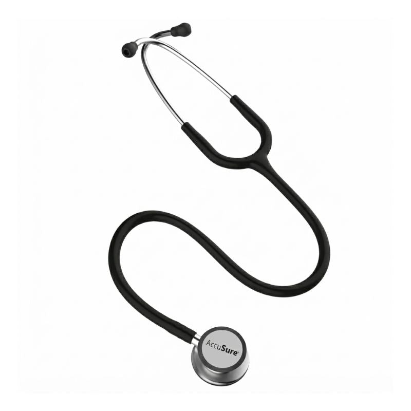 AccuSure ST-14 dual head stethoscope for doctors real product image featuring extra grade stainless steel frame, dual mode chest piece, soft comfortable ear knobs, thick PVC tubing for clear sound transmission, and 2-year warranty – a reliable diagnostic tool for healthcare professionals.