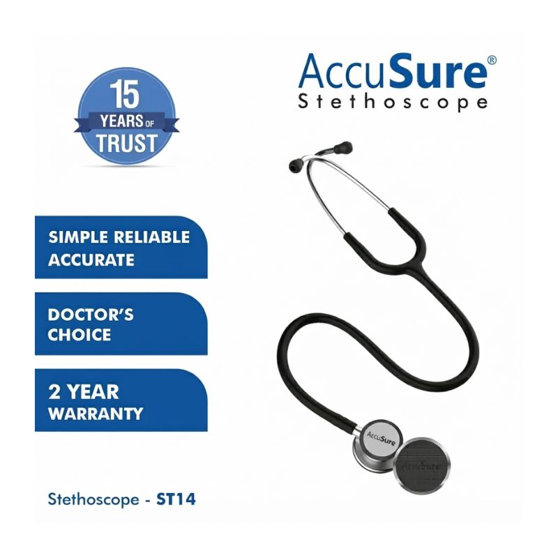 AccuSure ST-14 stethoscope for doctors – 15 years of trust, doctor's choice, simple reliable accurate design, and 2-year warranty for professional healthcare providers.