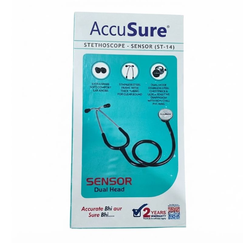 AccuSure ST-14 stethoscope for doctors featuring extra grade stainless steel frame, dual mode chest piece, soft comfortable ear knobs, thick tubing for clear sound, and ultra-length PVC tube with non-chill ring for accurate auscultation.