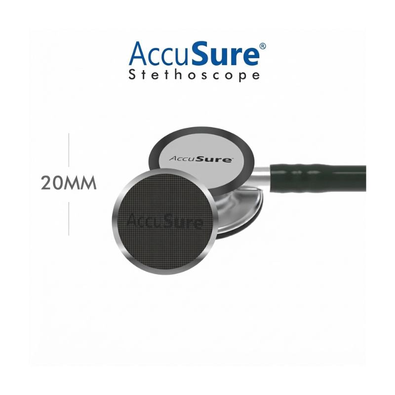 AccuSure stethoscope for doctors with 20mm chest piece – precision-engineered for superior acoustic performance and comfortable patient examinations.