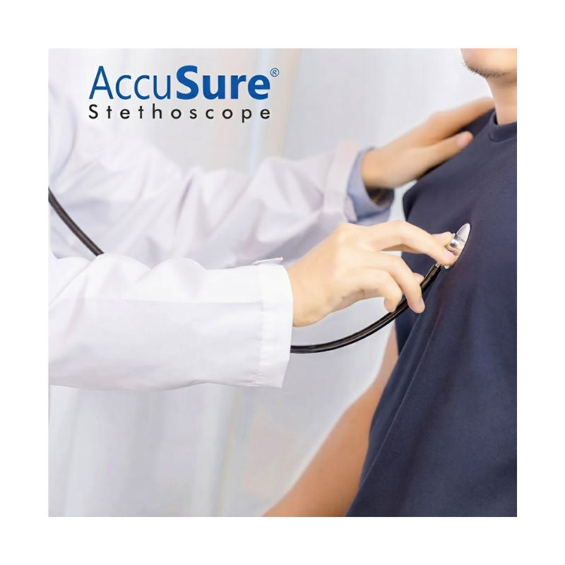 AccuSure stethoscope for doctors – a trusted medical device brand known for reliability and precision in clinical examinations and patient diagnosis.