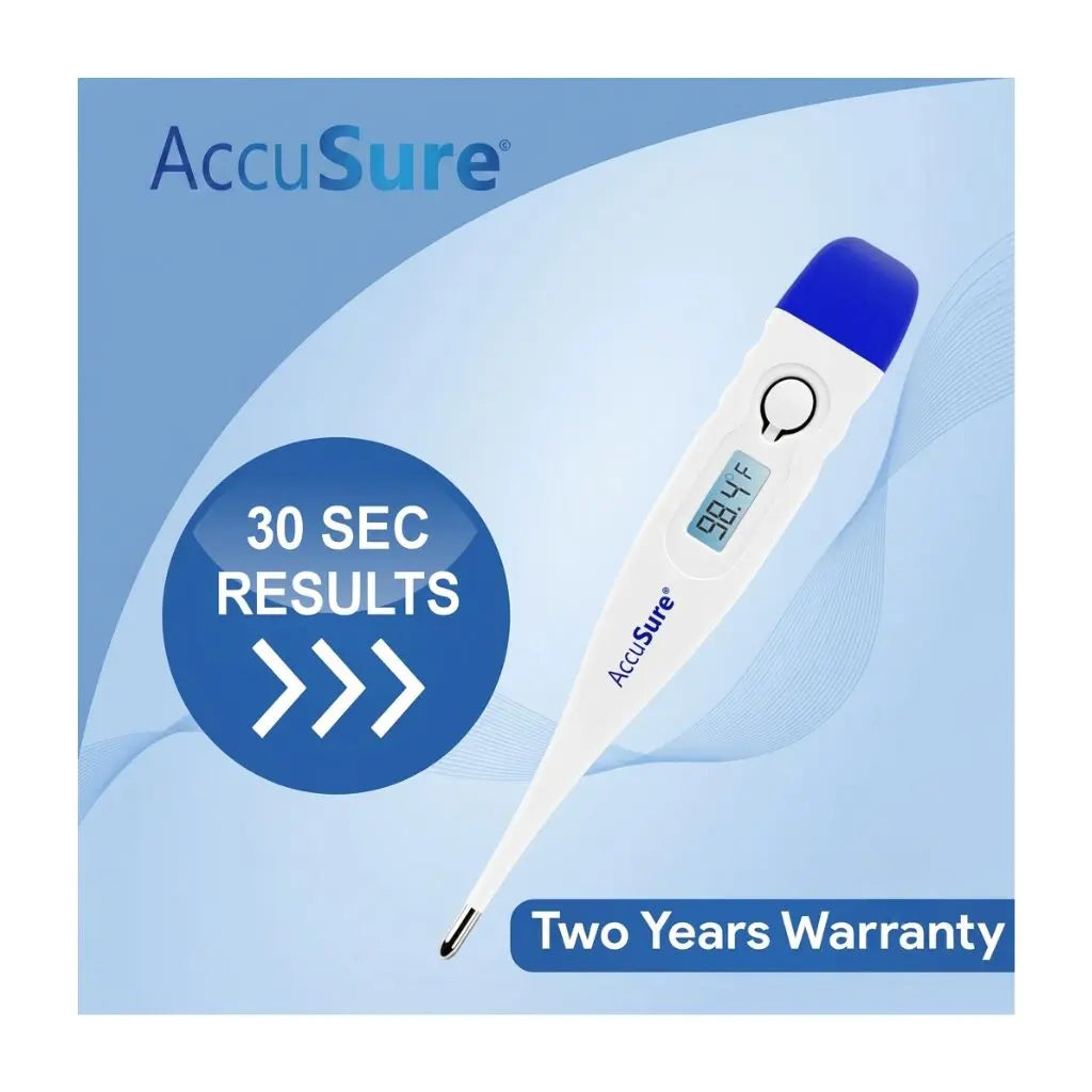An accusure thermometer highlighting 30-second fast results and a two-year warranty.