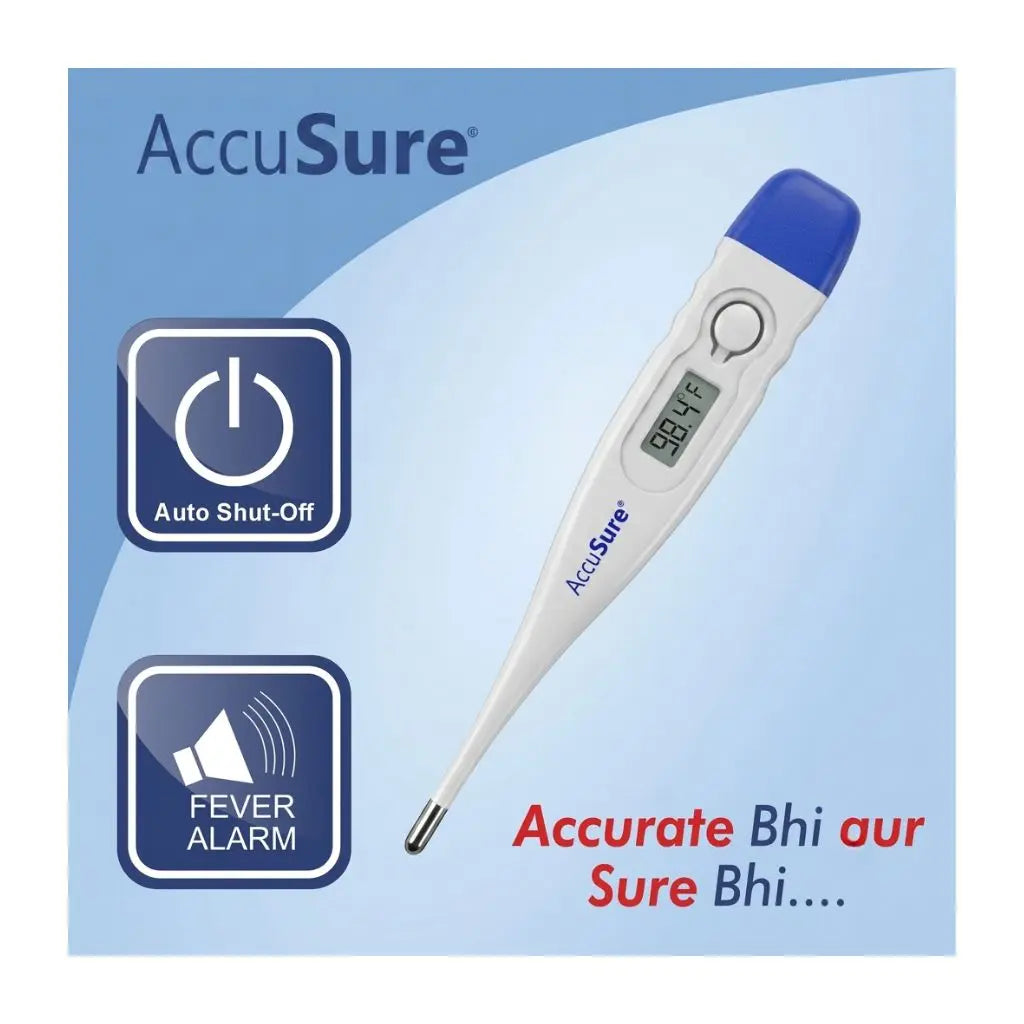 The accusure thermometer featuring auto shut-off and fever alarm capabilities.