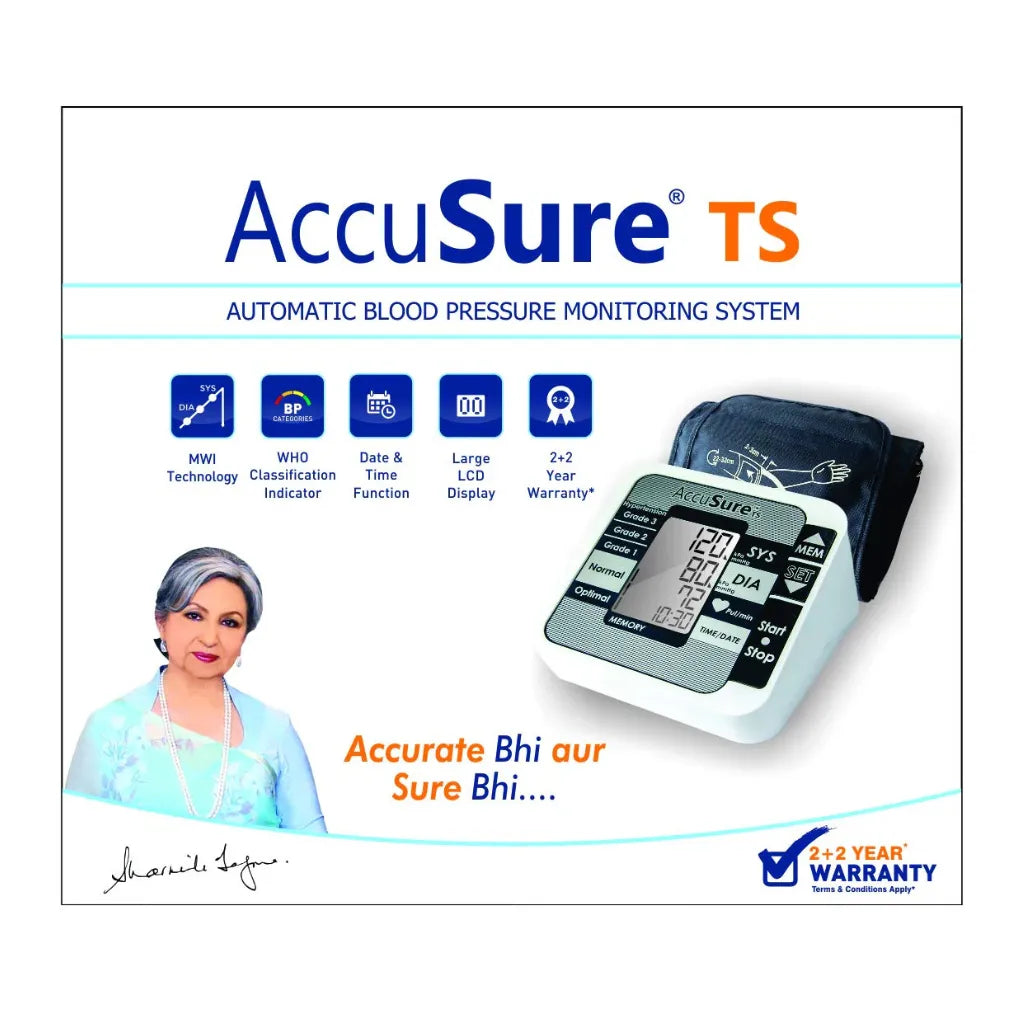 Retail packaging box of the AccuSure TS automatic blood pressure monitoring system showcasing product specifications and clinical accuracy features.