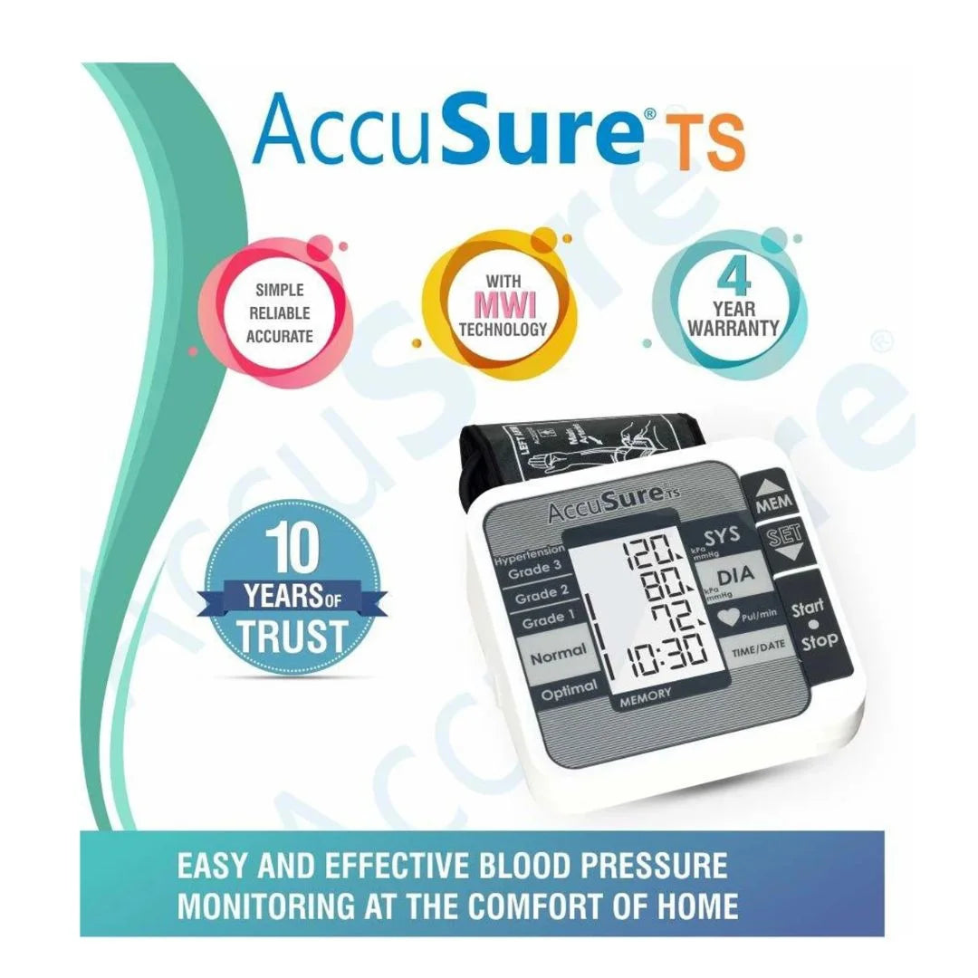 AccuSure TS digital blood pressure monitor displaying reliable clinical measurements, Measurement While Inflation (MWI) technology, and 4-year warranty badge.