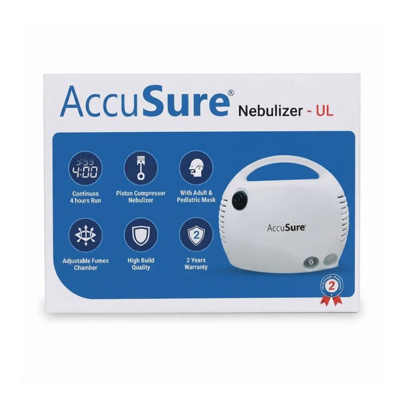 AccuSure UL Nebulizer Portable Machine packaging box showing specifications, warranty, and features.
