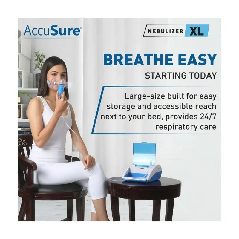 Bedside lifestyle image of the nebulizer compressor showcasing large-size build for easy storage and 24/7 respiratory care access.