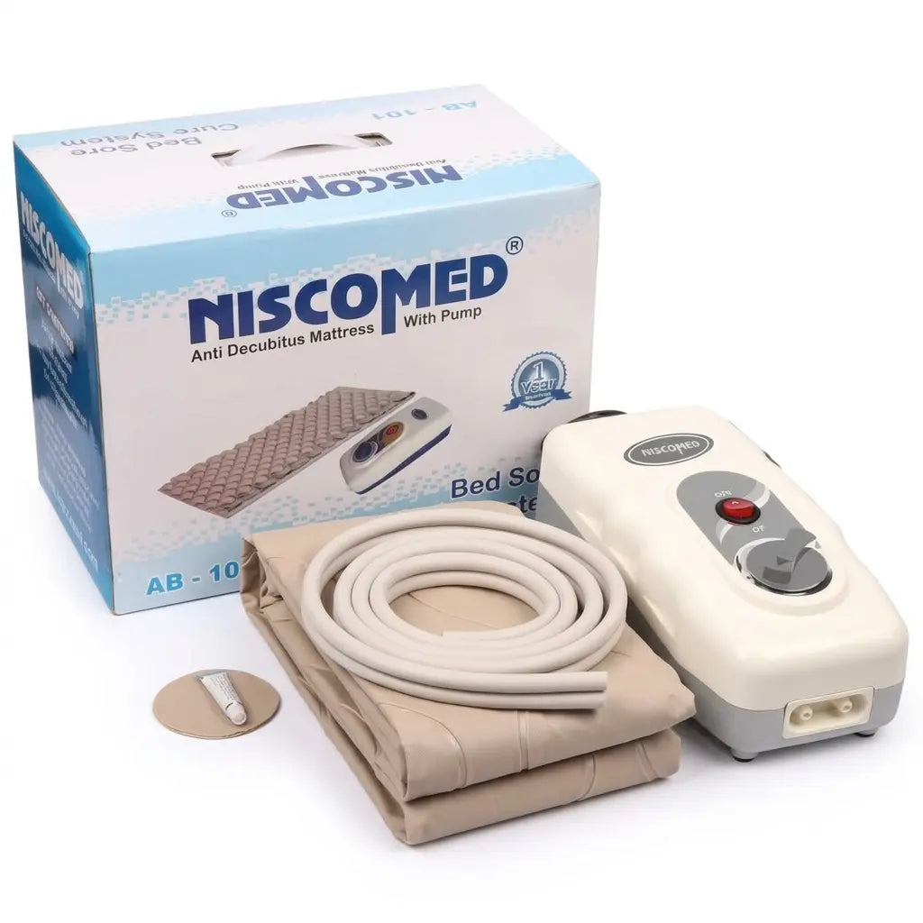 An air mattress for patients kit including the Niscomed AB-103 retail box, folded bubble mattress pad, electric pump, and repair patch.