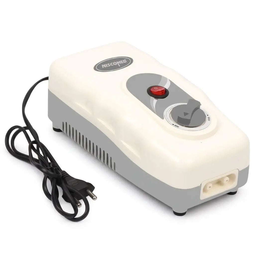 A close-up view of the electric air pump unit designed for the air mattress for patients featuring a pressure control knob and power switch.