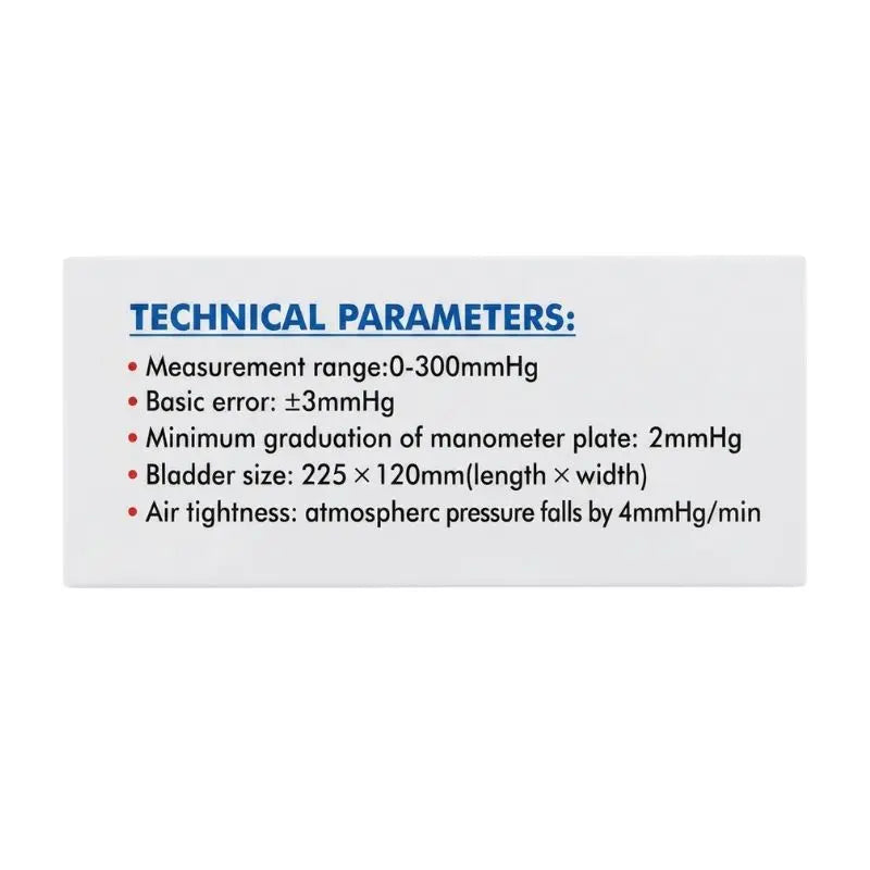 Technical parameters panel for the aneroid sphygmomanometer listing measurement range, accuracy error limits, and bladder dimensions.