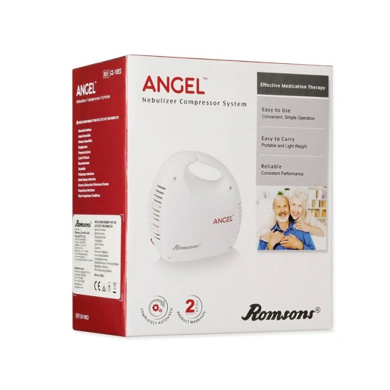 Romsons Angel nebulizer box front – Romsons nebulizer  effective medication therapy, easy to use, convenient simple operation, portable and lightweight, reliable consistent performance, and 2-year warranty for dependable respiratory care.