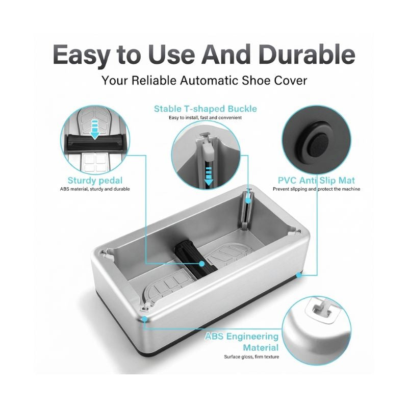 Infographic highlighting the durable ABS engineering material, sturdy pedal, T-shaped buckles, and PVC anti-slip mat.