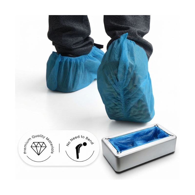 Person wearing blue shoe covers next to the automatic shoe cover dispenser emphasizing premium quality materials and no bending required.