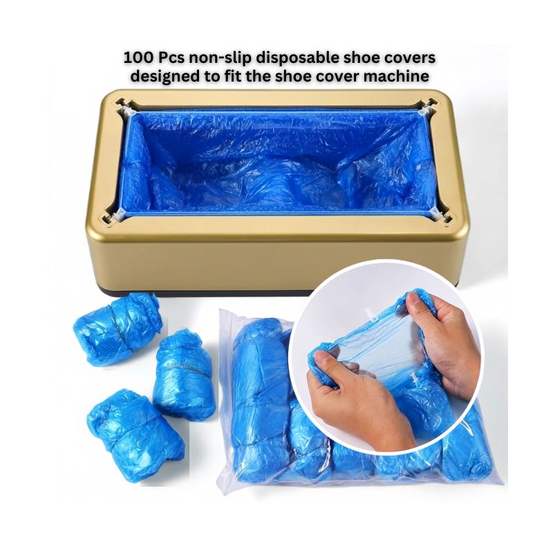 Automatic shoe cover dispenser displayed alongside bundles of 100 pcs non-slip disposable shoe covers and close-up of handling a cover.