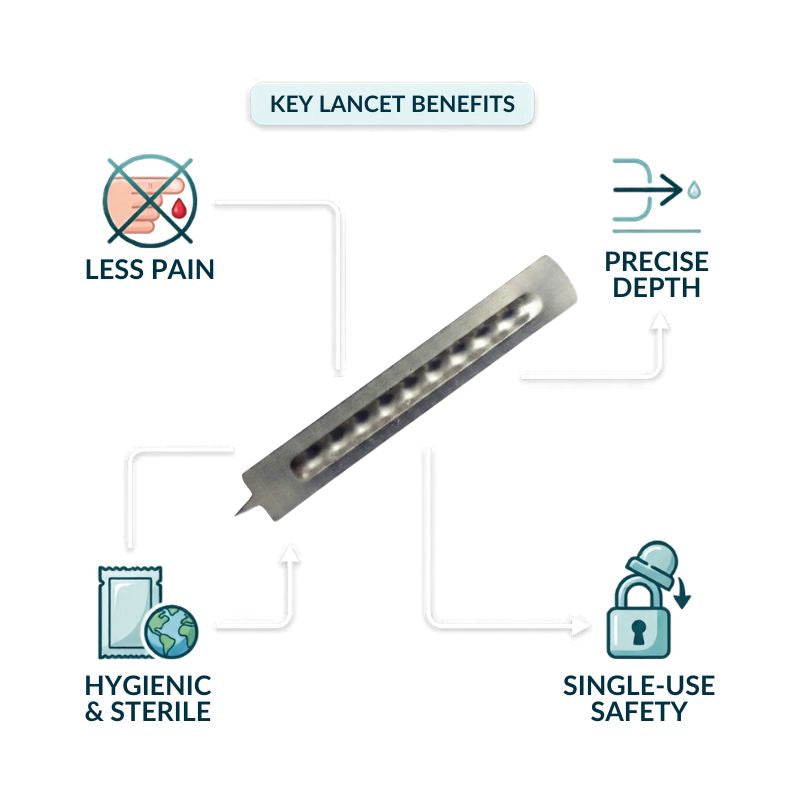 Infographic highlighting key benefits of medical lancets: reduced pain, precise depth, hygiene, and single-use safety.