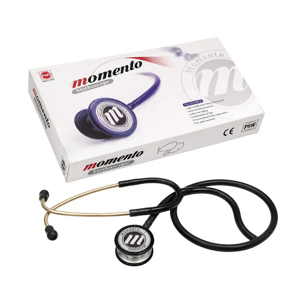 Retail packaging and display of the best stethoscope highlighting 5 years warranty, latex-free tubing, and ideal acoustic sensitivity.
