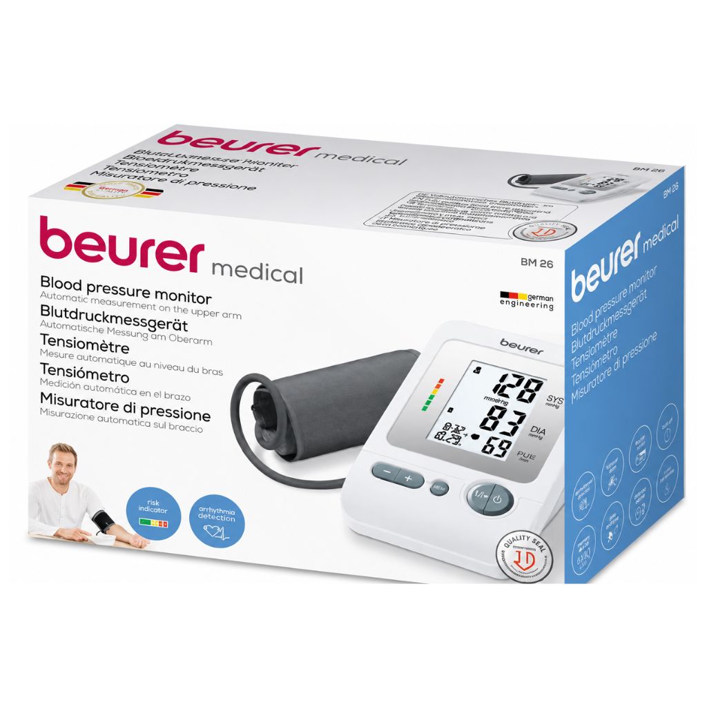 Retail packaging for the Beurer Blood Pressure Machine BM 26 blood pressure monitor highlighting arrhythmia detection and risk indicator.